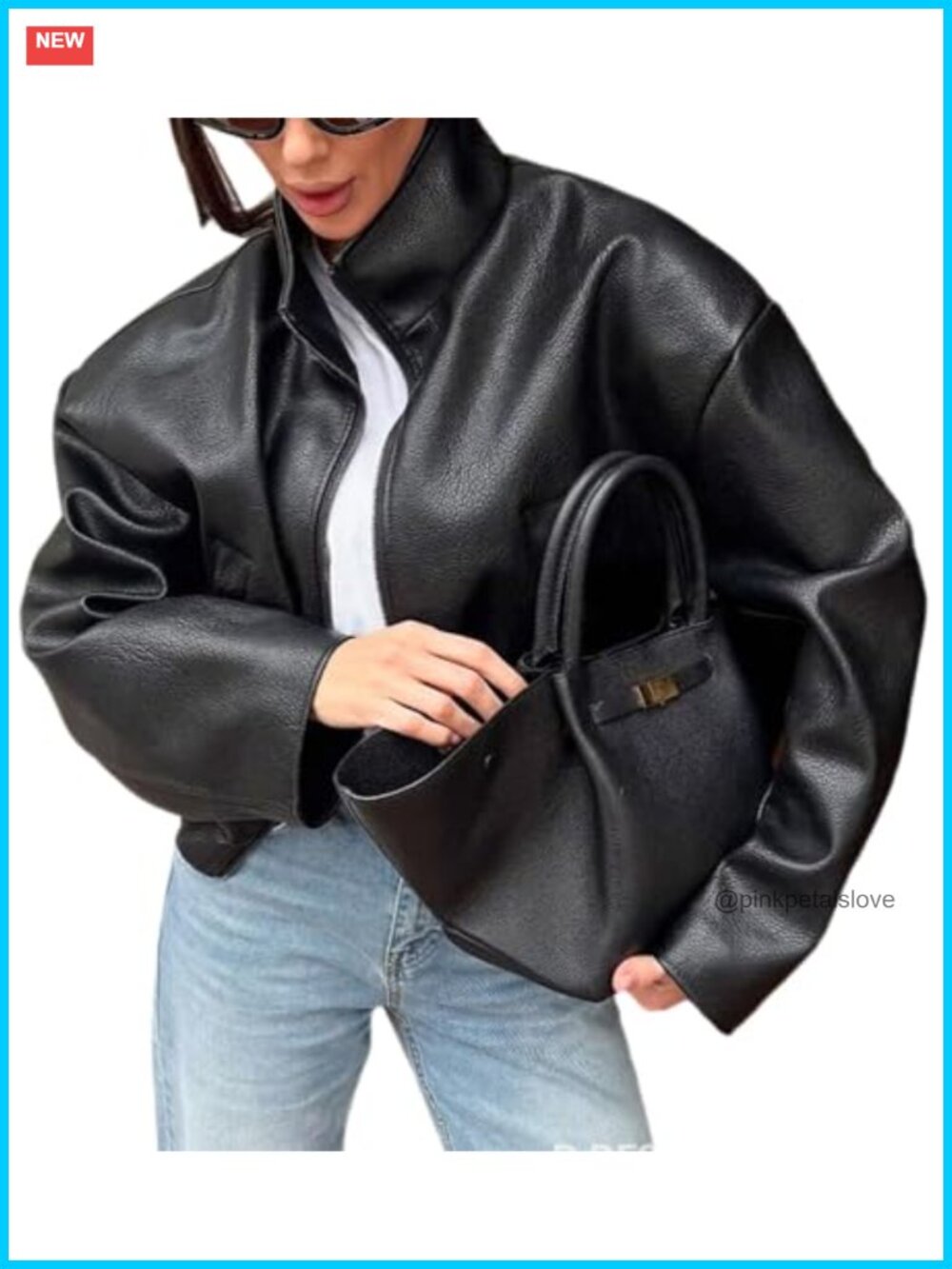 Oversized Faux Leather Bomber Jacket Stand Collar Motorcycle Coat